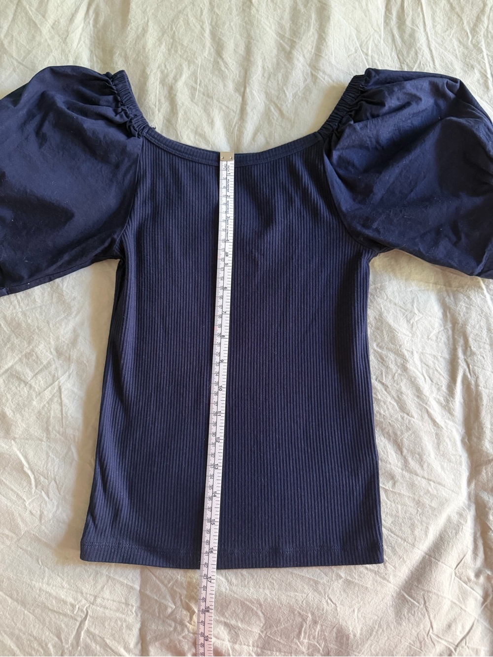 J. Crew Navy Ribbed Puff-Sleeve Square Neck Top - Picture 7 of 8